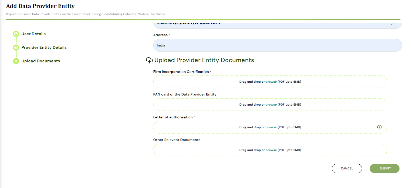 Data Provider Entity Registration Form - Upload Organisation Documents